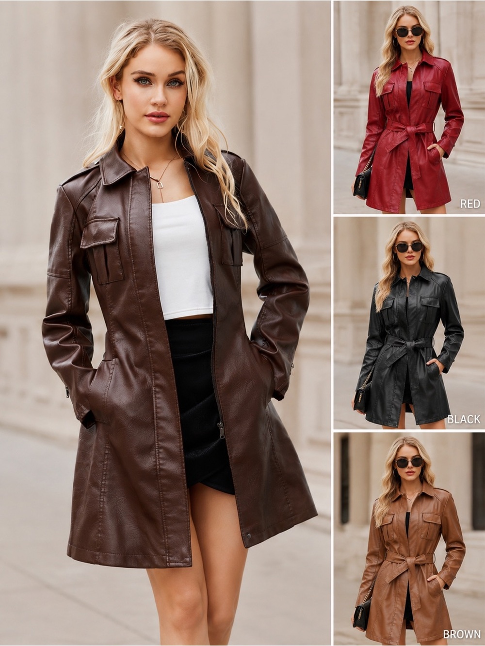 Belted Leather Trench Jacket